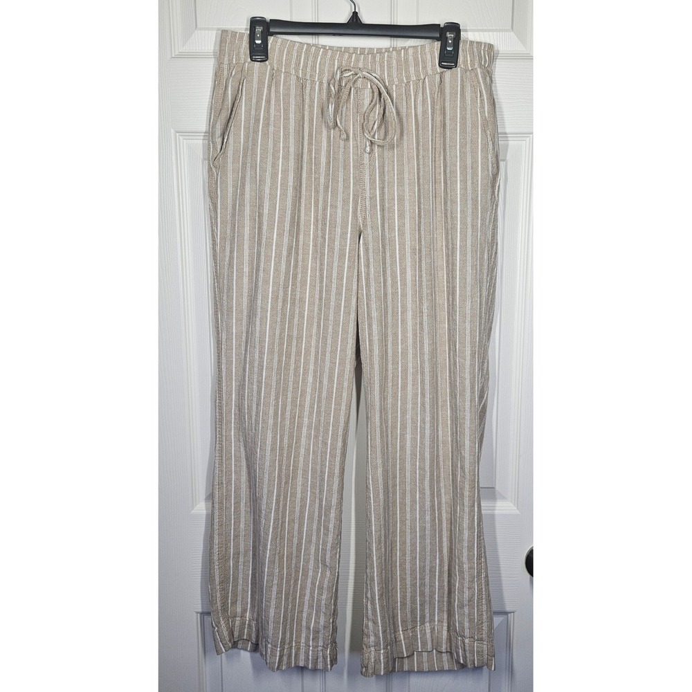 Briggs New York Womens Linen Blend Pull-On Wide Leg Pants Beige Striped Large - Picture 1 of 9